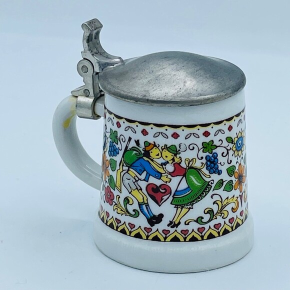 Vintage Mini Rein Zinn BMF West German Beer Stein w/ Pewter Lid Hearts Flowers - Picture 2 of 10